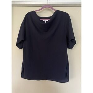 Nordstrom Women's M Navy Short Sleeves Draped Waterfall Neck Blouse